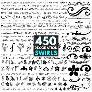 Puede incluir: Una colección de 450 remolinos decorativos, florituras, motivos florales y divisores negros sobre un fondo blanco. El texto central dice 450 DECORATION SWIRLS en letras blancas y cian sobre un fondo rectangular oscuro.