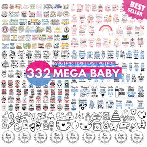 May include: A collection of 332 baby-themed digital cut files in SVG, PNG, DXF, EPS, JPG, and PDF formats. Features designs with phrases and icons related to babies, ideal for crafting and creative projects.