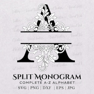 May include: A black split letter A monogram featuring intricate scrollwork and floral filigree patterns. Below the letter, the text reads SPLIT MONOGRAM COMPLETE A-Z ALPHABET SVG | PNG | DXF | EPS | JPG. The design is set against a light grey background.
