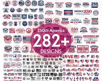 May include: A collection of 282+ designs celebrating the 250th anniversary of America. The designs feature patriotic themes, including flags, eagles, stars, and the text "250" and "America" in various styles. Ideal for crafting and commemorative projects.