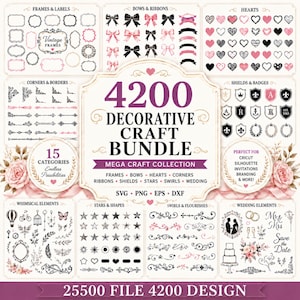 May include: A digital craft bundle featuring 4200 decorative designs including frames, bows, hearts, corners, ribbons, shields, stars, swirls, and wedding elements. The collection includes SVG, PNG, EPS, and DXF file formats for various projects.