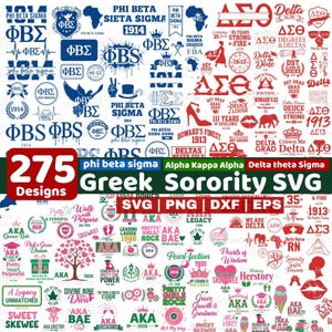 May include: A collection of 275 Greek sorority SVG designs, including logos and emblems for various organizations. The designs feature text and graphics in colors like blue, pink, and green.