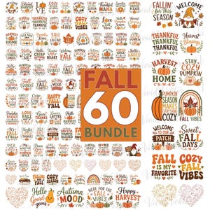 Könnte beinhalten: Eine digitale Sammlung von 60 herbstlichen Grafikdesigns mit Kürbissen, Gnomen und Blättern sowie Texten wie Fall 60 Bundle, Harvest Blessings und Cozy Fall Vibes in den Farben Orange, Braun und Grün für saisonale Bastelprojekte.
