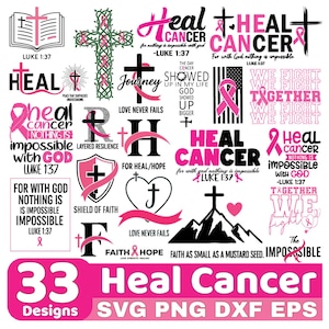 Peut inclure: Une collection de 33 motifs sur le thème de la guérison du cancer. Les motifs comprennent des croix, des rubans et du texte inspirant en rose et noir. Les mots "Heal Cancer" sont bien en évidence.