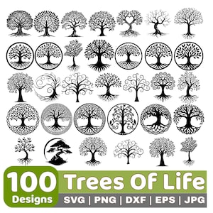 May include: A collection of 100 tree of life designs in various styles. The images are in black and white, featuring detailed illustrations of trees with intricate branches and roots. The designs include trees within circles and other decorative elements.