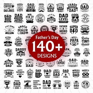 Op de afbeelding: Een verzameling van meer dan 140 Vaderdagontwerpen in zwart en wit. De ontwerpen bevatten zinnen als "Beste papa", "Coole papa" en "Papa Held", samen met verschillende grafische elementen. De woorden "Vaderdag" en "140+ ontwerpen" staan in een grote rode cirkel.