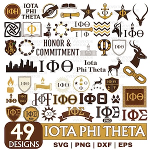 Può includere: Una collezione di 49 design della confraternita Iota Phi Theta nei formati SVG, PNG, DXF ed EPS. I design presentano le lettere greche, i simboli e le parole "Onore e Impegno".