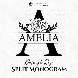 May include: A black and white graphic design featuring a large letter A with a split center containing the name AMELIA. A detailed rose illustration with leaves sits atop the letter. Text below reads Damask Rose SPLIT MONOGRAM.