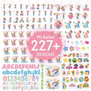 May include: A collection of 227+ designs featuring illustrations of a woman, numbers, letters, and various objects. The designs include the text "Ms Rachel", "MOM", "MUM", "DADA", and "BABY". The color palette includes pink, blue, and green.