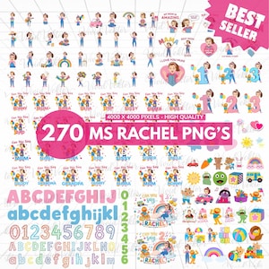 May include: A collection of 270 MS Rachel PNG's, including illustrations of a woman, numbers, letters, and various graphics. The image features a pink banner that says "Best Seller". The text "Can You Say" is also present.
