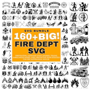 Op de afbeelding: Een verzameling zwart-wit SVG-afbeeldingen met brandweerthema. De afbeelding bevat illustraties van brandweerlieden, brandweerwagens, bijlen, vlammen en andere gerelateerde elementen. De tekst luidt "SVG Bundle 160+ BIG! FIRE DEPT SVG".