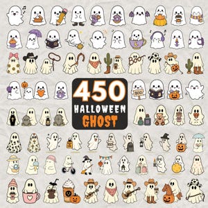 Pode incluir: Uma coleção de 450 ilustrações de fantasmas de Halloween com vários personagens em diferentes poses, incluindo fantasmas com abóboras, chapéus, instrumentos musicais, comida e itens sazonais em um fundo cinza claro texturizado.