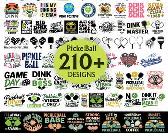 May include: A collection of over 210 pickleball designs in various styles. The image features text-based designs with phrases like "Pickleball Vibes Only," "Dink Master," and "Pickleball Diva," along with pickleball paddles and balls.