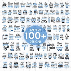 May include: A collection of 100+ baby-themed designs, featuring phrases like "Little Dude," "Future Big," and "Baby Boy." The designs are in a variety of fonts and styles, with a blue and white color scheme.