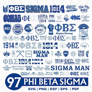 Peut inclure: Une collection de logos et graphiques bleus et blancs de la fraternité Phi Beta Sigma. L'image comprend divers motifs avec les lettres grecques ΦΒΣ, l'année 1914 et des phrases comme "Sigma Man" et "Sigma Strong".