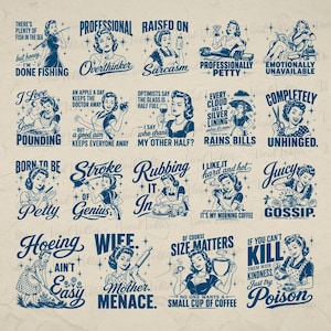 Pode incluir: Uma cole&ccedil;&atilde;o de ilustra&ccedil;&otilde;es em estilo vintage com mulheres em v&aacute;rias poses e textos humor&iacute;sticos. Os designs s&atilde;o em tons de azul e branco, com frases como "Done Fishing", "Overthinker" e "Juicy Gossip".