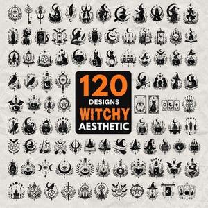 May include: A collection of 120 black graphic illustrations featuring occult and mystical symbols, including cats, moons, stars, cauldrons, crystals, and witch hats, arranged in a grid with the text 120 DESIGNS WITCHY AESTHETIC in the center.