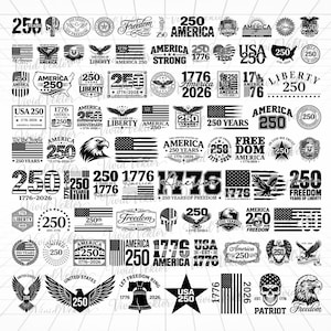 May include: A collection of black and white graphic designs featuring patriotic themes. Designs include the American flag, eagles, stars, and text such as "America 250" and "1776-2026".
