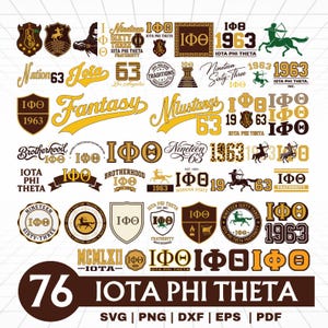 May include: A collection of Iota Phi Theta fraternity graphics in gold, brown, and green. Includes crests, text, and the year 1963. The bottom features the number 76 and the words "IOTA PHI THETA".