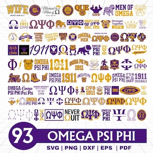 May include: A collection of 93 Omega Psi Phi fraternity graphics in purple and gold, including logos, crests, and text elements. The designs feature the fraternity's name, founding year, and related symbols. Formats include SVG, PNG, DXF, EPS, and PDF.