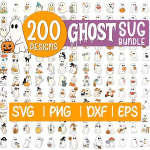 May include: A collection of 200 ghost designs in SVG, PNG, DXF, and EPS formats. The ghosts are white with black eyes and various accessories, including hats, pumpkins, and books. The image has an orange circle with the number 200 and the word "DESIGNS".