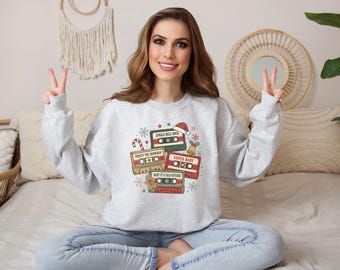Vintage Christmas Sweatshirt, Retro Holiday Music Cassette Tapes, 90s Xmas Playlist Hoodie, Gift for Music Lovers