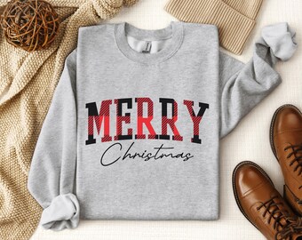 Merry Christmas Sweatshirt, Buffalo Plaid Holiday Hoodie, Matching Family Xmas Outfits, Festive Gift for Mom Dad Kids