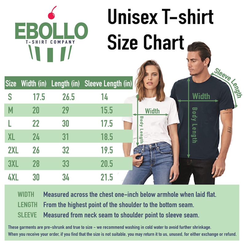 May include: Unisex T-shirt size chart with measurements in inches for width, length, and sleeve length. The chart shows sizes from S to 4XL.