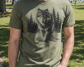 Wolf Graphic T-Shirt, Wildlife Forest Nature Tee, Outdoor Adventure Apparel, Gift for Men, Hiking Camping Animal Lovers