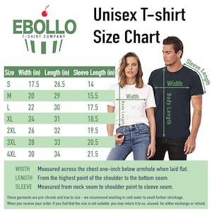 May include: Unisex T-shirt size chart with measurements in inches for width, length, and sleeve length. The chart shows sizes from S to 4XL.