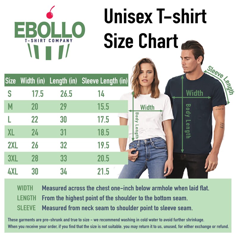 Peut inclure: Tableau des tailles pour t-shirt unisexe avec des mesures en pouces pour la largeur, la longueur et la longueur des manches. Le tableau montre les tailles du S au 4XL.