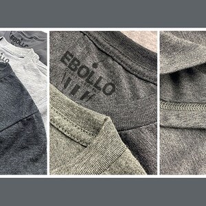 May include: A collage of gray t-shirts with the word "EBOLLO" printed on the chest. The shirts vary in shades of gray, with close-up details showing the fabric texture and stitching. The EBOLLO logo is visible in the bottom right corner.