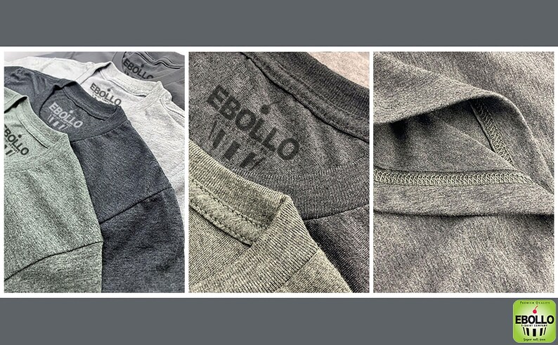 May include: A collage of gray t-shirts with the word "EBOLLO" printed on the chest. The shirts vary in shades of gray, with close-up details showing the fabric texture and stitching. The EBOLLO logo is visible in the bottom right corner.