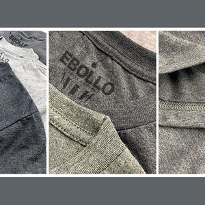 以下が含まれることがあります： 胸に「EBOLLO」の文字がプリントされたグレーのTシャツのコラージュ。Tシャツはグレーの色合いが異なり、生地の質感やステッチを示すクローズアップがあります。EBOLLOのロゴが右下に表示されています。