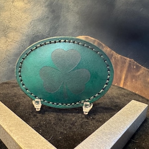 Irish Clover Laser Etched Buckle. Our Large Oval Buckle, Hand Crafted, Stitched  with hand dyed and conditioned Leather.