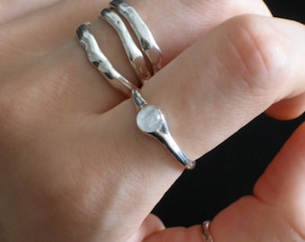 Handmade Silver Moonstone Signet Ring | Unique Artisan Silver Ring | Natural Rainbow Moonstone Ring