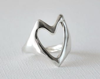 Großer Silber Herz Ring, Statement Herz Siegelring, handgemachte Sterling Silber skulpturale Ring