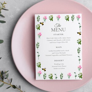 Modelo de Menu de Casamento Bee Mine Rosa - papelaria de casamento pintada à mão | Tema irlandês | Modelo Digital para Impressão, DOWNLOAD INSTANTÂNEO