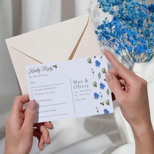 Modelo de cartão RSVP Bee Mine azul - papelaria de casamento pintada à mão | Tema irlandês | Modelo digital para impressão, DOWNLOAD INSTANTÂNEO
