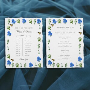 Szablon programu ślubnego Blue Bee: ręcznie malowana papeteria kwiatowa (do pobrania w wersji cyfrowej)