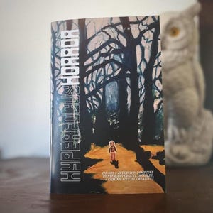 May include: A magazine titled "HYPERFOCUS HORROR" with a dark forest illustration on the cover. The magazine features the text "LIT, ART & INTERVIEW COMPZINE BY NEURODIVERGENT, DISABLED, & CHRONICALLY ILL CREATIVES" and "Winter 2026". An owl figurine is in the background.