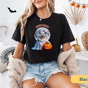 Spooky Night Ragdoll Shirt, Cute Ghost Cat Halloween T-Shirt with Pumpkin and Moon, Ragdoll Cat Lover Halloween Tee Unisex