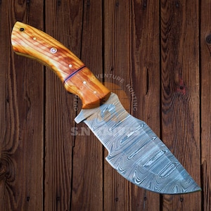 Damascus Steel Tracker Knife Handmade with Wooden Handle - Gift for Dad, Groomsmen & Wedding Gifts for Him