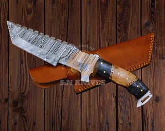 Handmade Damascus Tracker Knife with Bone & Buffalo Horn Handle, Leather Sheath, Custom Outdoor and Hunting