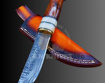 Damaszener Stahl Jagdmesser mit Holzgriff - Handgefertigtes Bowie & Skinner Messer, Geschenk für Papa, Groomsmen und Hochzeitsgeschenke für Ihn