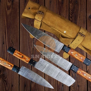 Damascus Chef Knife Set 4 pcs - Custom Handmade Kitchen Knives with Wooden Handles & Leather Sheath