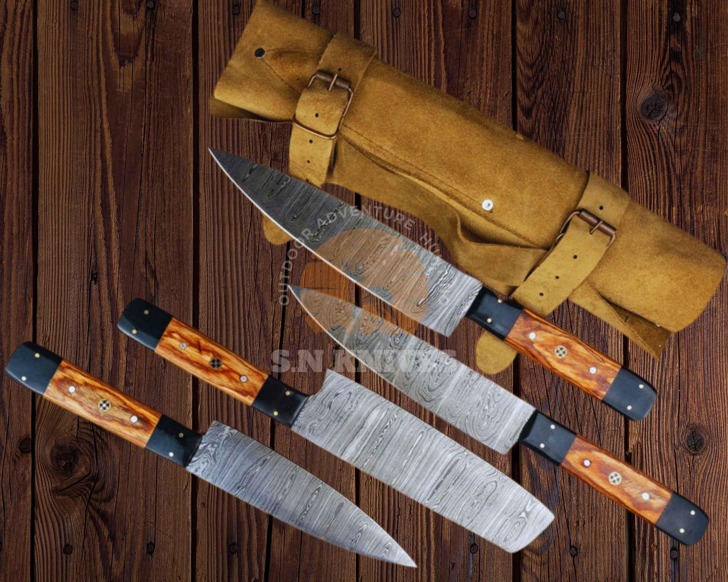 Damascus Chef Knife Set 4 pcs - Custom Handmade Kitchen Knives with Wooden Handles & Leather Sheath