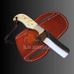Handmade Carbon Steel Bull Cutter Knife with Bone Handle & Leather Sheath – Durable Outdoor Hunting Tool