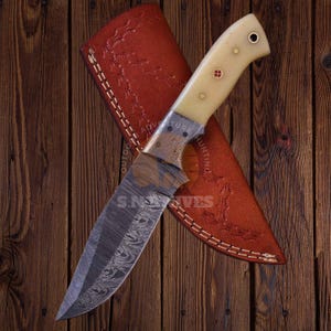 Damascus Steel Hunting Knife with Bone Handle - Handmade Bowie and Skinner Knife, Perfect Gift for Dad, Groomsmen and Wedding Gifts for Him
