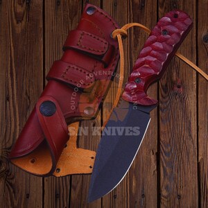 Carbon Steel Hunting Knife Handmade Bowie Skinner with Resin Handle & Pure Cowhide Leather Sheath, Bushcraft Outdoor Survival Knife